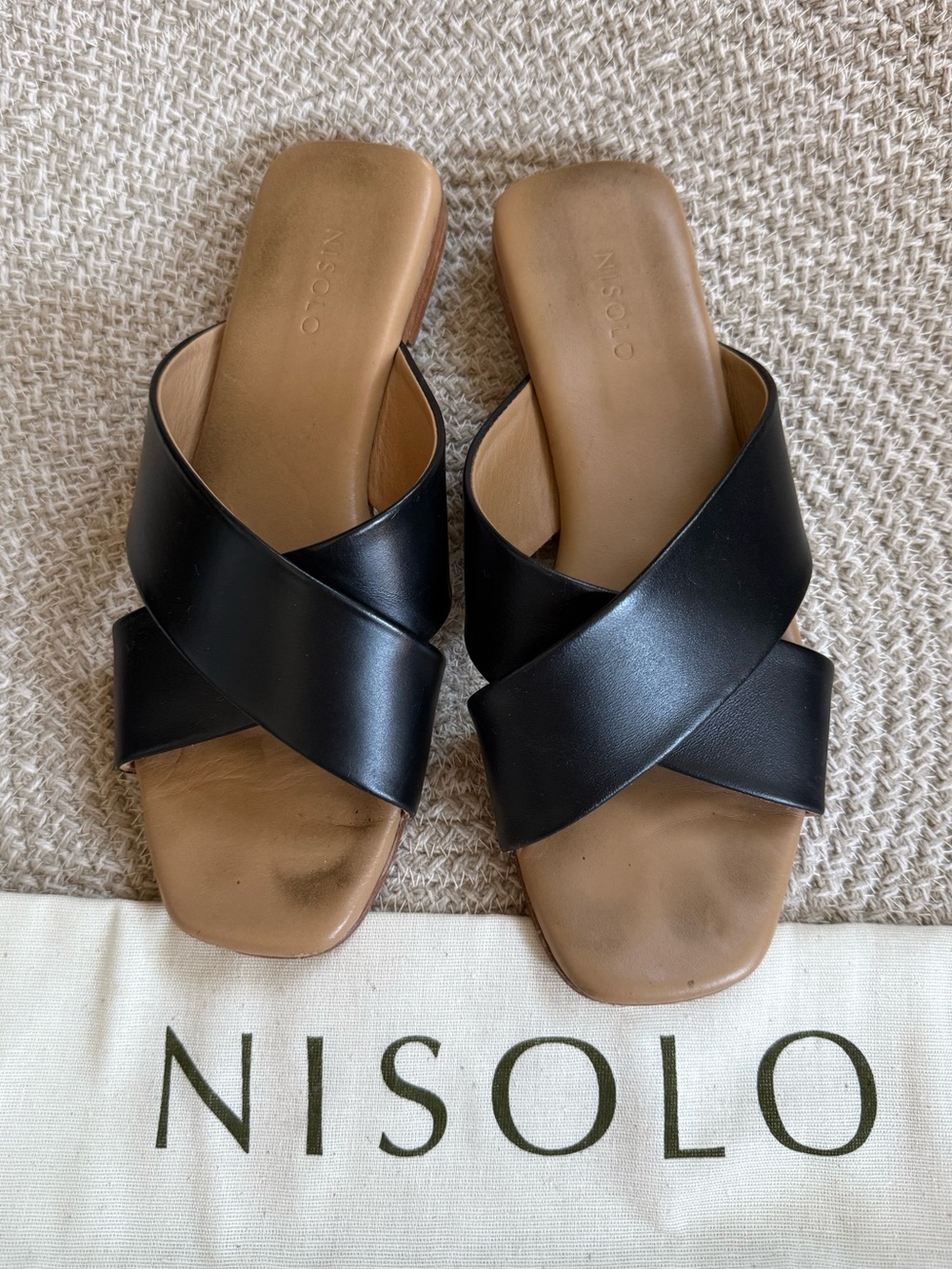 Nisolo Black Leather Crisscross Slide Mules | Minimalist Slip-On Sandals